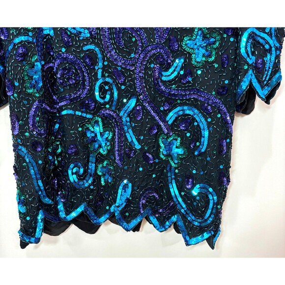 VTG Lawrence Kazar Sequin Top 3X Silk Blue Green Peacock Beads 80s Disco Evening - Picture 4 of 16